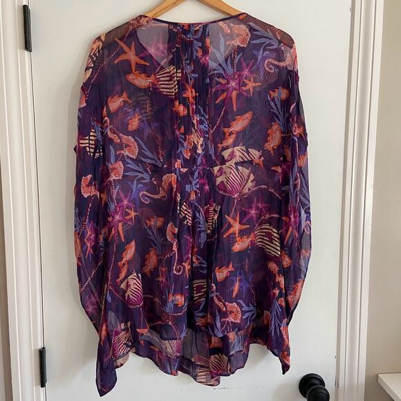 Karen Millen 100% Silk Purple Beaded Seahorse Beach Coverup Blouse Size 4 - Picture 5 of 5